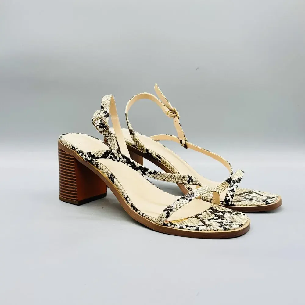 Halston Sandals Women 11 White Black Croc Vegan Leather Strappy Block Heel Shoes